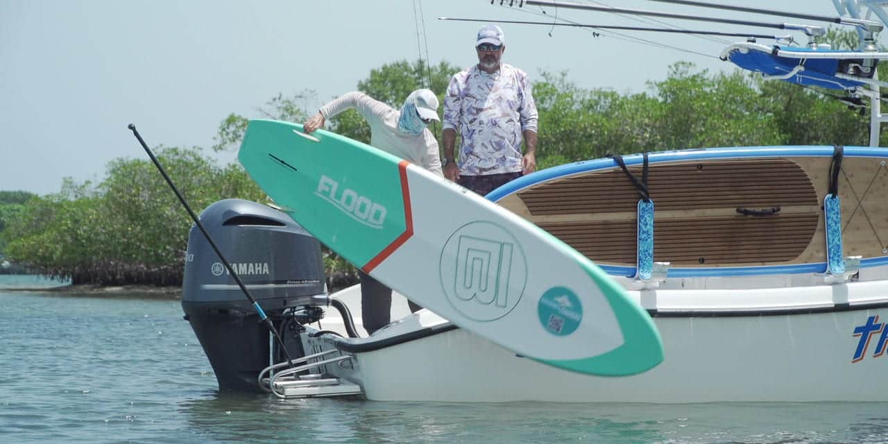 Image of a two men on a boat and carrying a paddleboard.