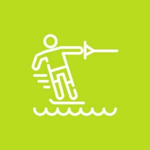 A man waterskiing icon on a light yellow green background.
