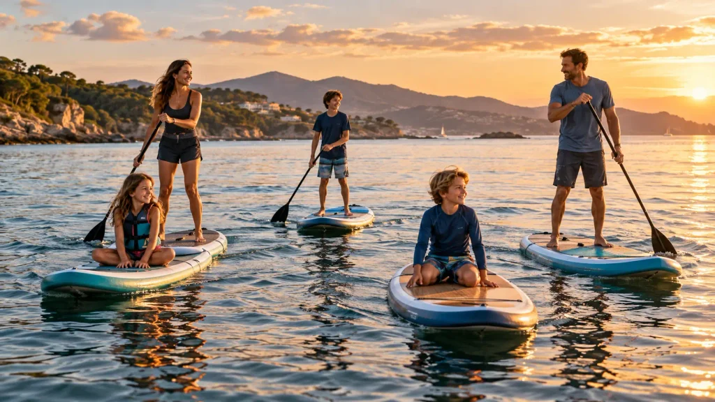 Family of five paddleboarding on the water, with the coast in the distance.
