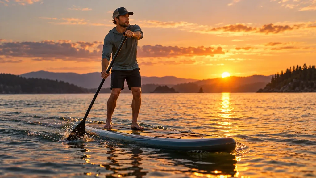 Man paddleboarding on the water in the evening, with the sun setting and clouds in the distance.