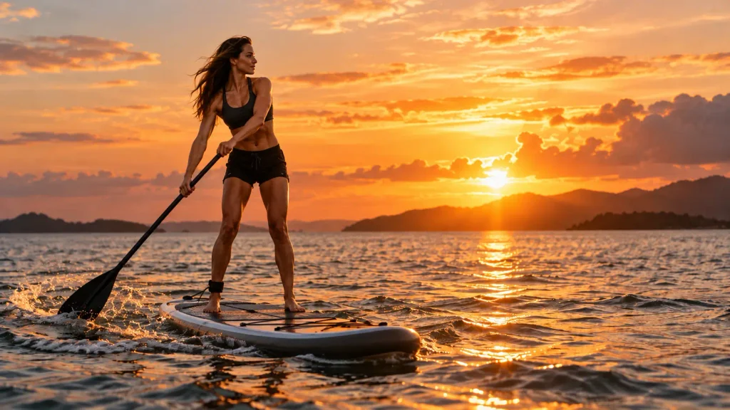 a Women paddleboarding on the water in the evening, with waves and the sun setting behind her, and clouds in the distance.