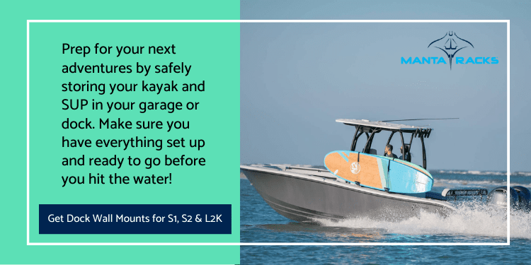 Image of boat with storage rack for SUPs and a quote from blog post.