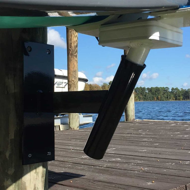 Dock-Wall-Mounts-for-S1,-S2,-&-L2K-photo4 Image of black Dock/Wall Mounts for Manta Racks on a dock.