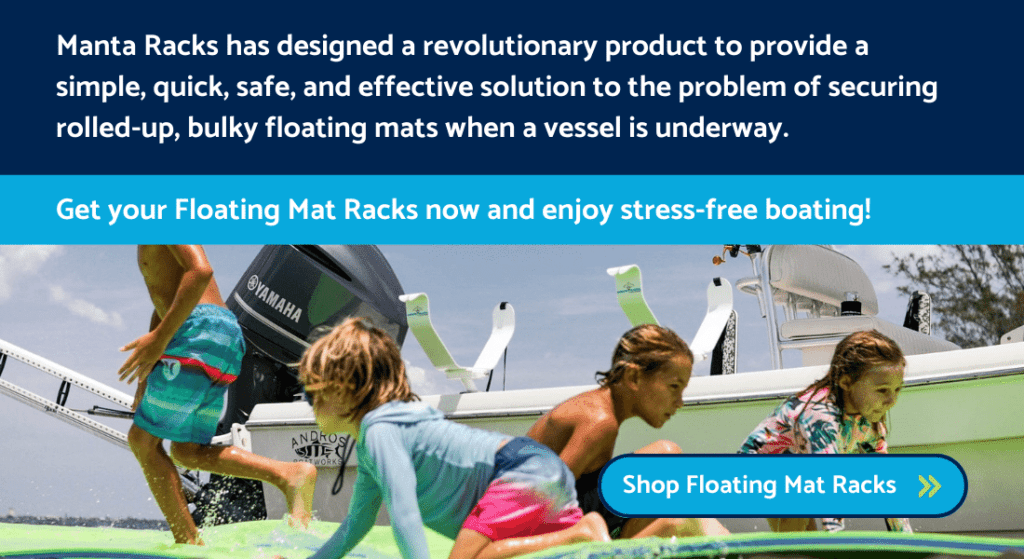 Children enjoy floating mats in the water, and a call to action button promoting floating mat racks.