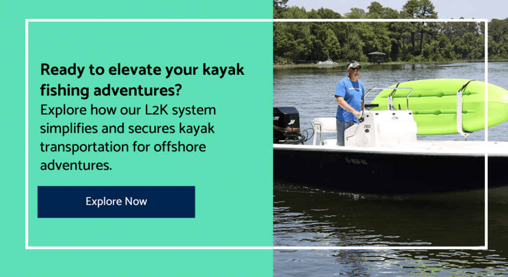 Man in a boat with his kayak stored in the Manta Racks L2K Kayak Storage Rack and text on the side promoting the L2K.