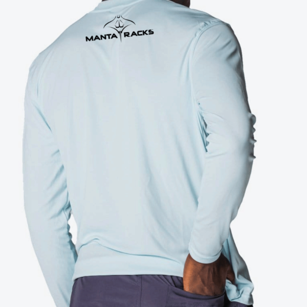Light blue long sleeve shirt with Manta Racks logo