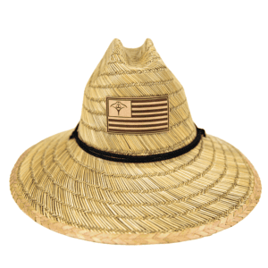 Manta Racks straw hat with their logo on it.