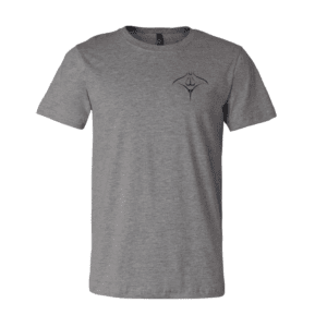 Gray Manta Racks tri-blend t-shirt for men with blue logo on front.