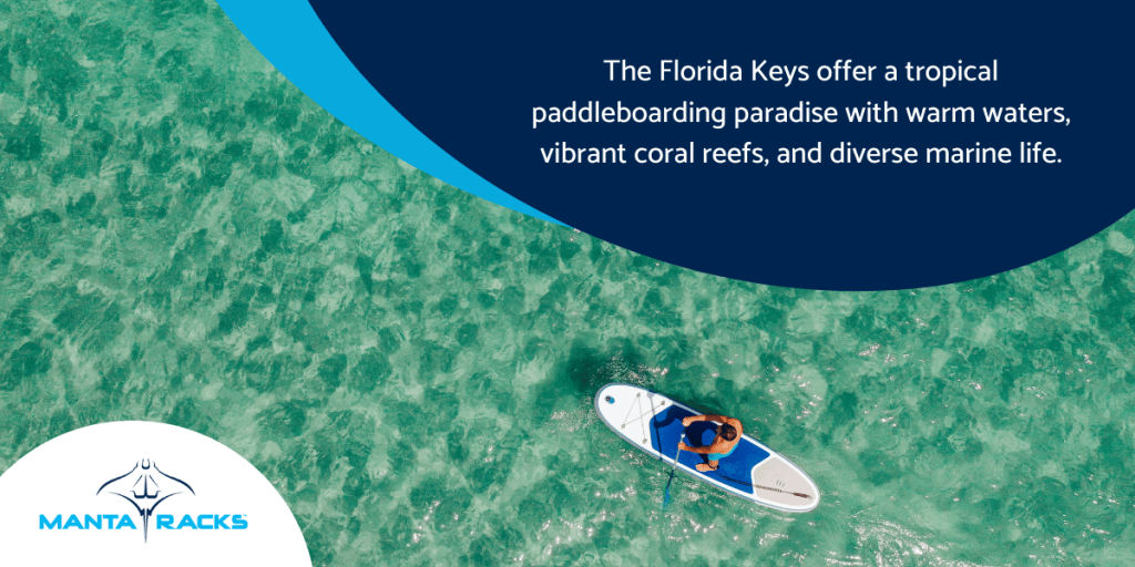 Man paddleboarding on serene water and text from the post on the top.