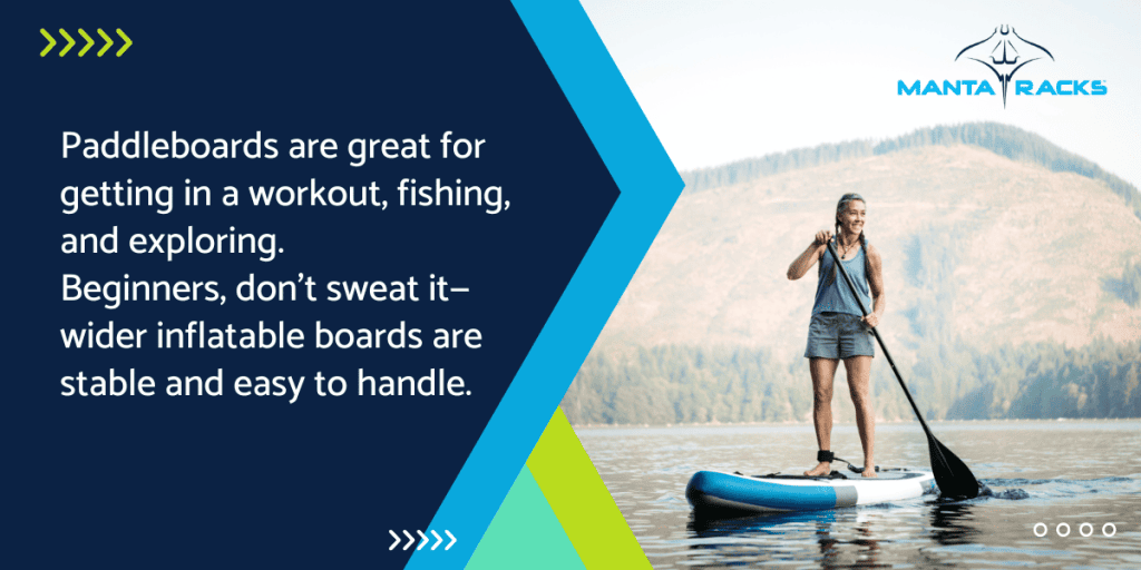 Woman peacefully paddling on calm water and text from the post on the side.