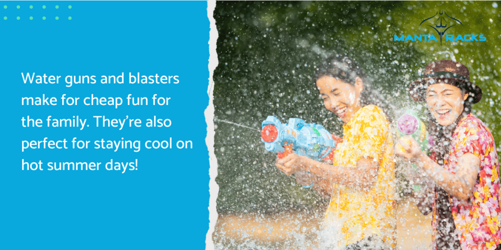 Two women having fun with water guns and text from the post on the side.