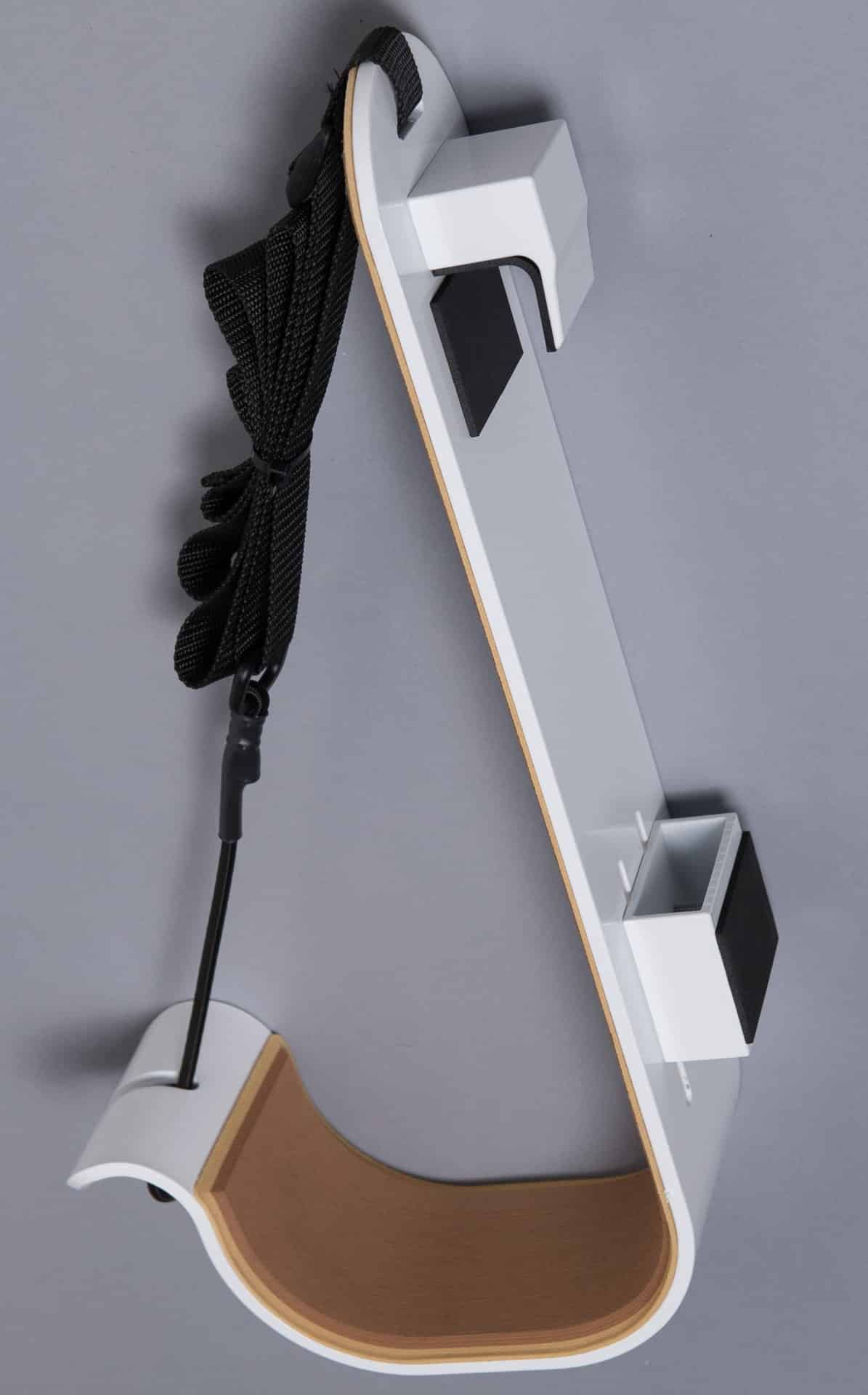 Close up of a white PS1 Paddleboard Storage Rack for Pontoon Boats.