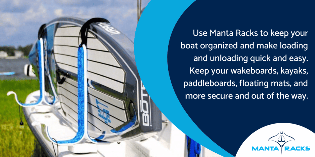 Image of boat with storage rack for SUPs with text beside it saying, "Use Manta Racks to keep your boat organized and make loading and unloading quick and easy. Keep your wakeboards, kayaks, paddleboards, floating mats, and more secure and out of the way."