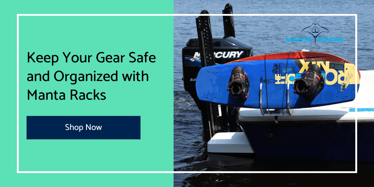 Center console boat in the water with wakeboards stored in Manta Racks, and a call to action promoting these racks.