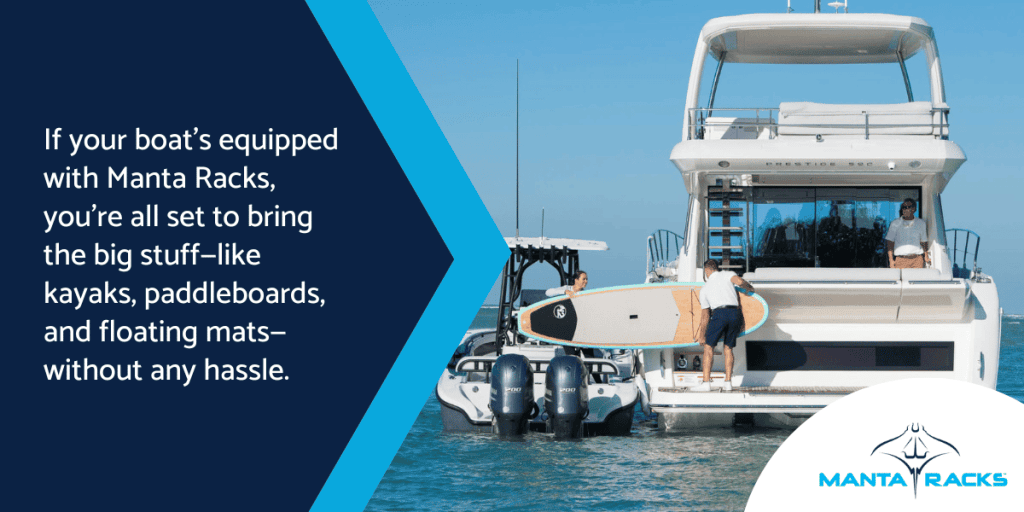 A man and woman on a boat showcasing navy packs and various boat accessories.