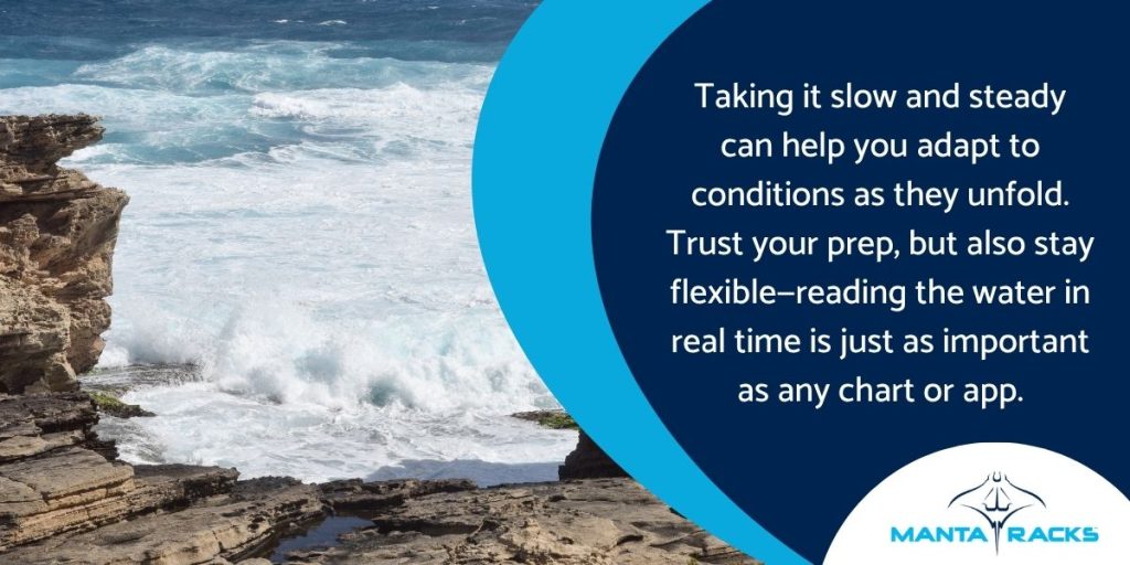 Calm ocean inlet accompanied by advice on adapting to changing conditions and the importance of real-time awareness.