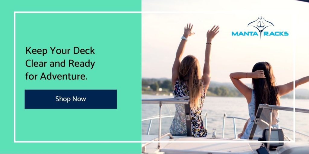 Two women on a boat with a scenic inlet, featuring the text: "Keep Your Deck Clear and Ready for Adventure" and a "Shop Now" button.